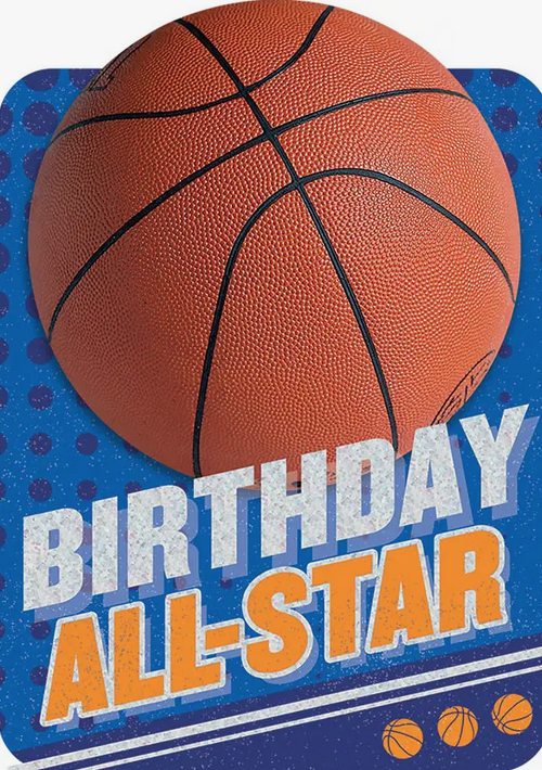 Greeting card with a basketball that reads Birthday All-Star.