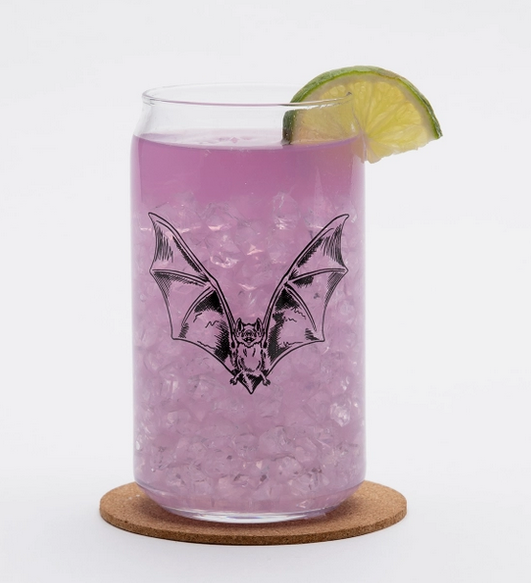 16 oz can-shaped glass with front view of a bat with it's wings spread in black ink printed on it. Glass is full of purple liquid. 