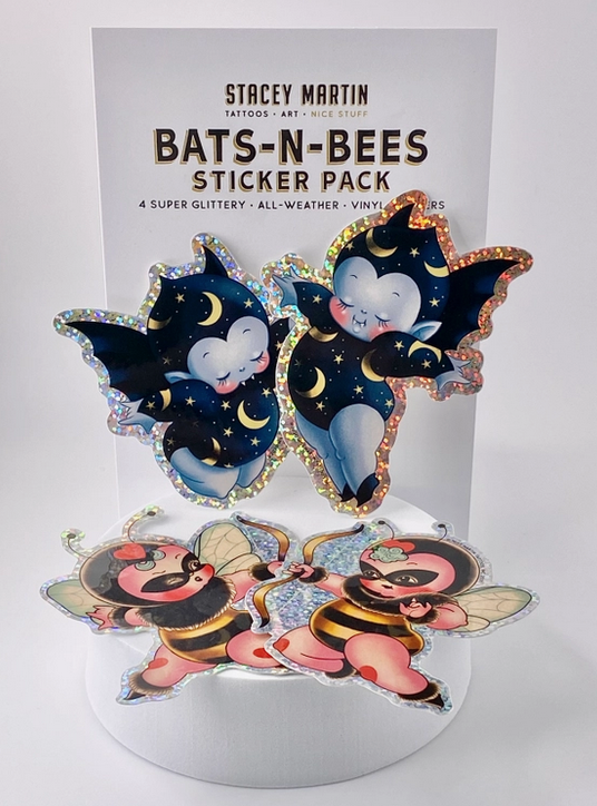 Vincent & Bella Bat and Mason & Melli Bee stickers. Made from premium glittery metalized PET film with a permanent adhesive and white premium PP film with a permanent adhesive. 