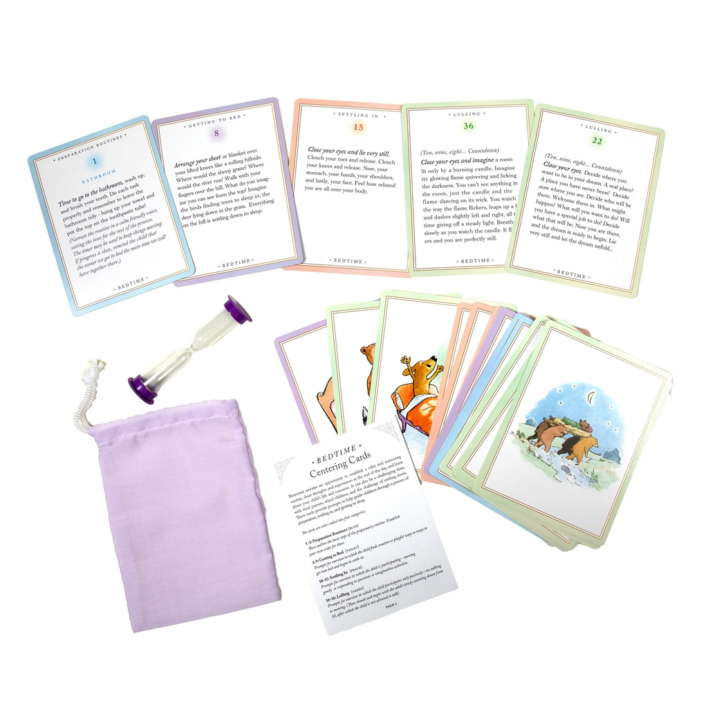 Cards with exercises on one size, illustrations on the other, cloth carrying bag, and sand timer.