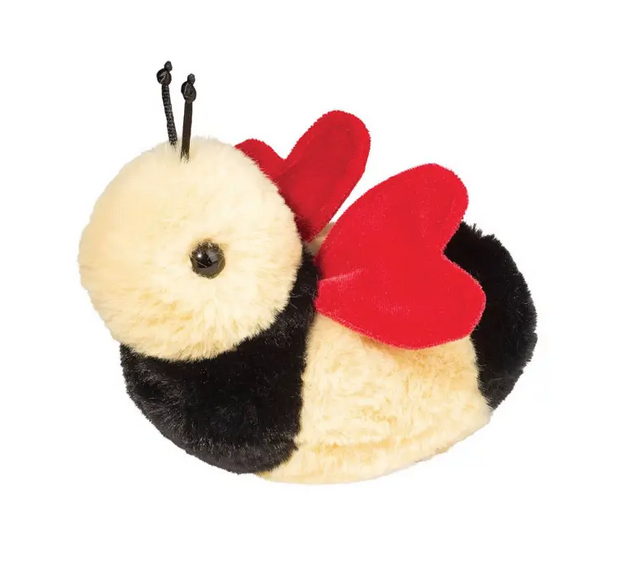 Bee Mine Bumble Bee plush with a yellow and black striped body, yellow head with black antennae and red heart shaped wings. 