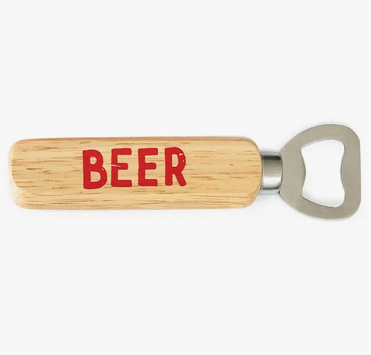 The "Beer" bottle opener with wood handle and metal opener. "BEER" imprint in red on both sides.