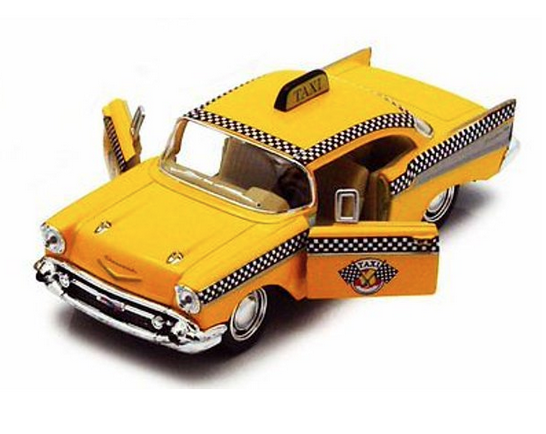 Metal diecast yellow checkered taxi cab.