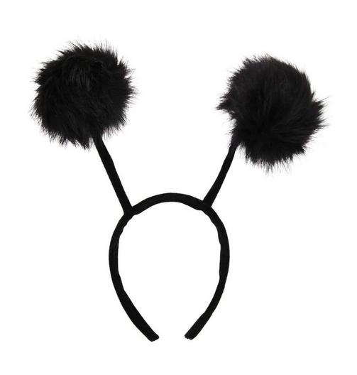 Black headband with long antennae with furry black pom poms.