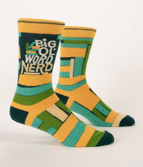 Men's patterened socks that read Big Ol' Word Nerd.