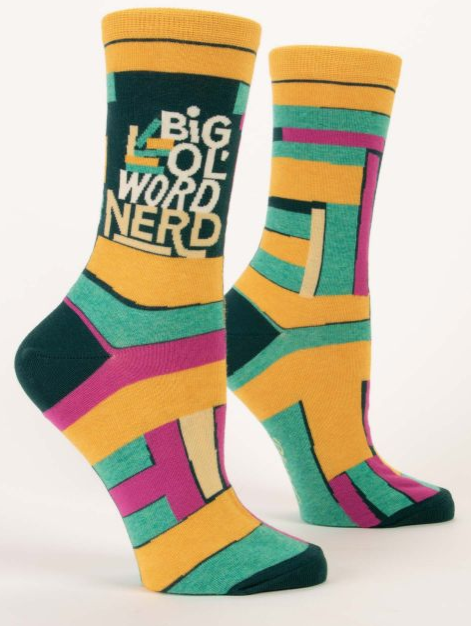 Women's patterened socks that read Big Ol' Word Nerd.