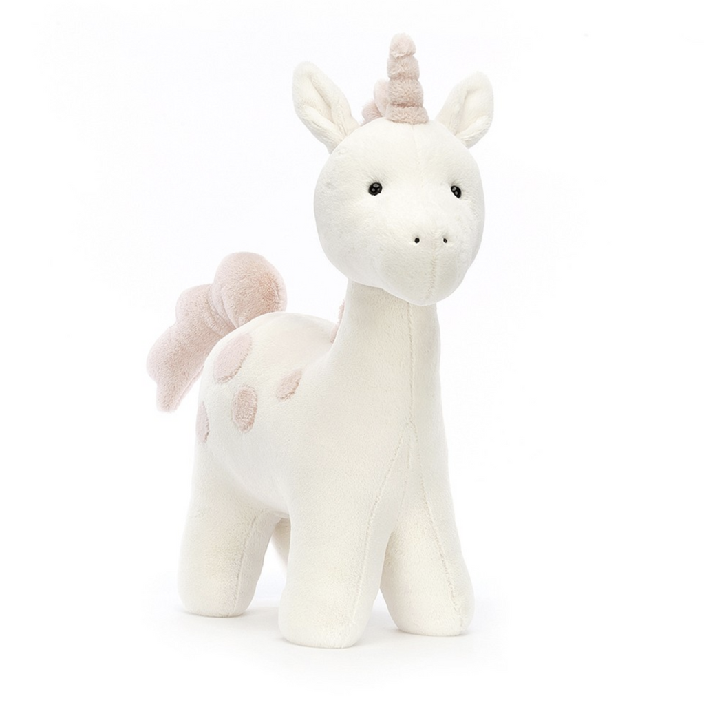 Big soft white with light pink spots, mane, and horn Big Spottie Unicorn Jellycat plush.