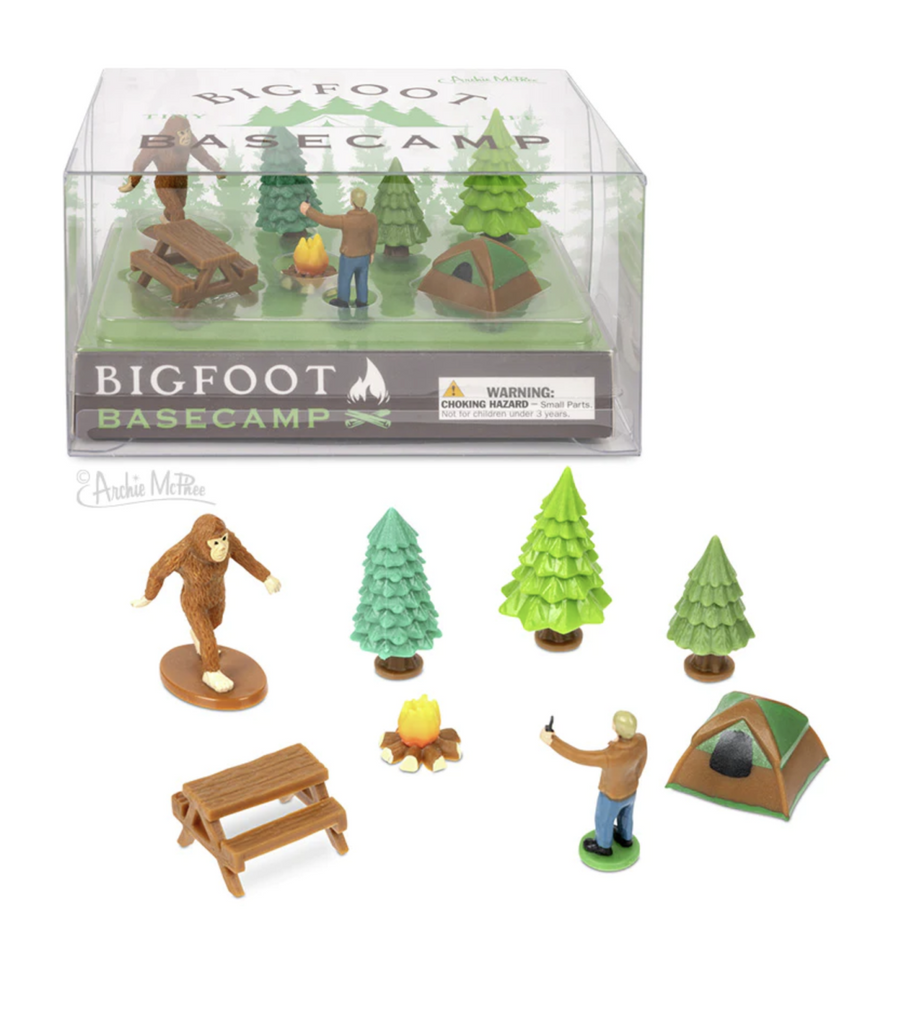 Bigfoot Basecamp in package and unpackaged with  figures displayed.