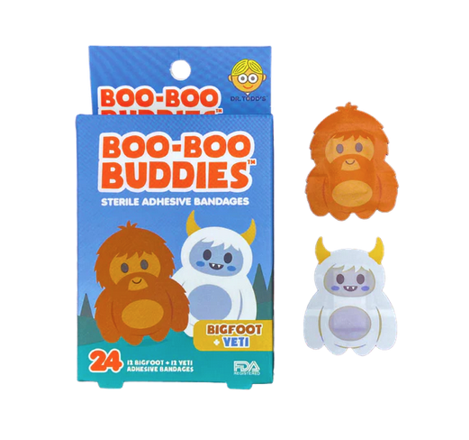 Bigfoot and Yeti Boo Boo Bandages box. Illustrated with cartoon images of Yeti and Bigfoot. Actual Bigfoot and Yeti bandages beside the box. 