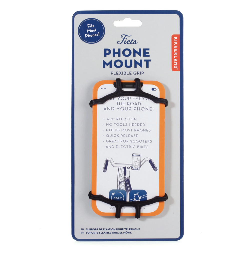 The black silicone bike phone mount attached to a cardboard card shaped like a phone.  The card has information about the phone mount. 
