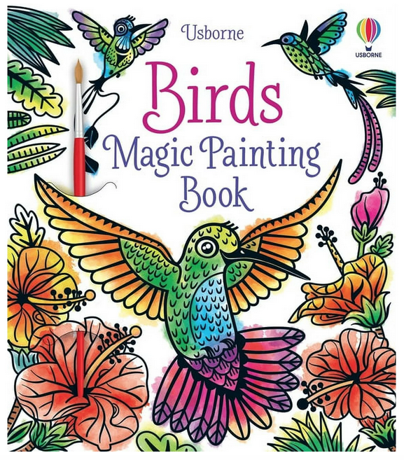 The Birds Magic Painting Book with colorful illustrations of birds and flowers. 