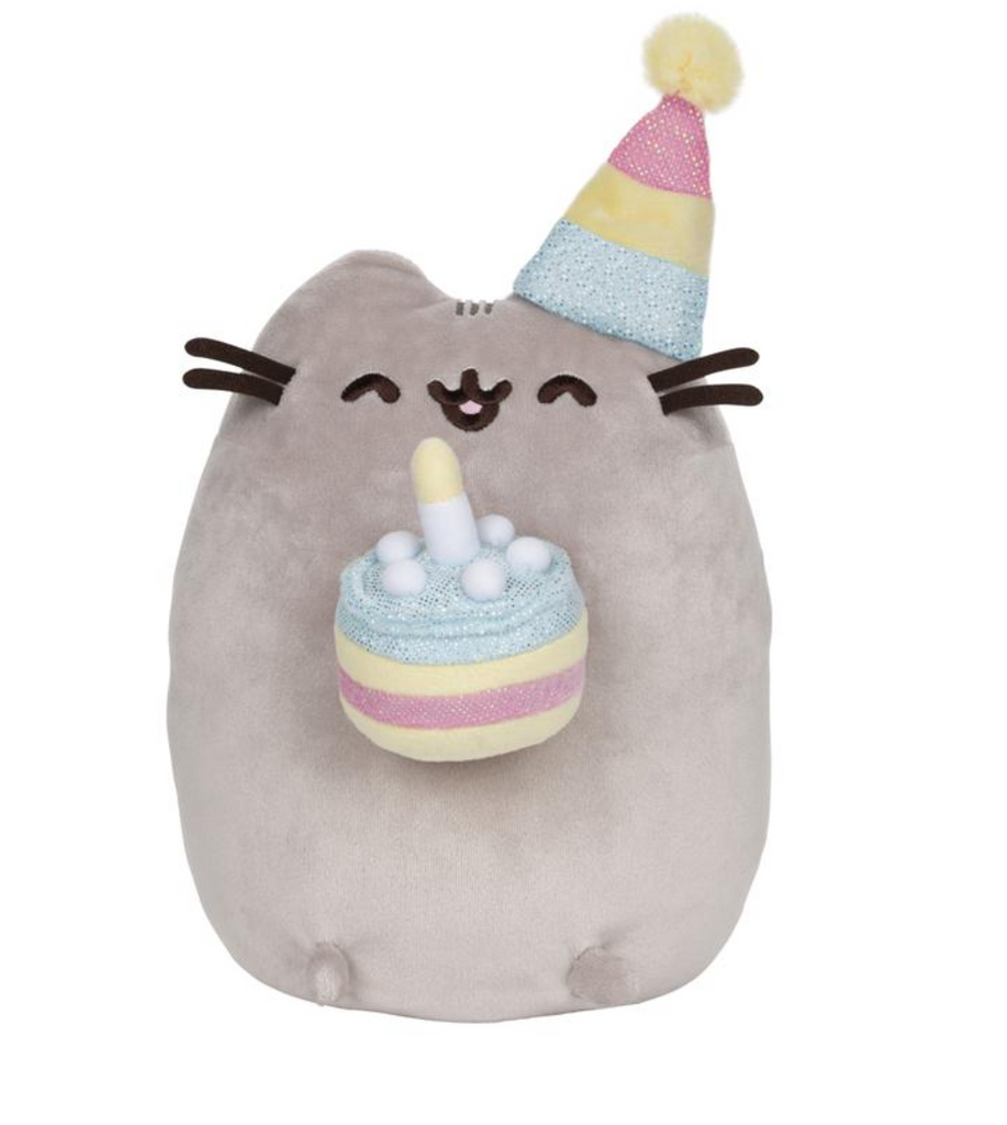 Celebrate a special birthday the Pusheen way with this plush smiling Pusheen who looks like she got caught mid-song while holding a shimmering birthday cake with a candle for the birthday person. Pusheen wears a matching party hat in pretty pastel colors.