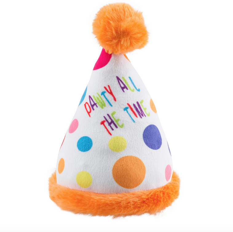 Plush birthday hat for dogs that reads Pawty all the time.