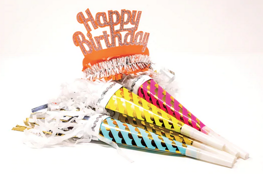Party blowers and happy birthday tiaras.