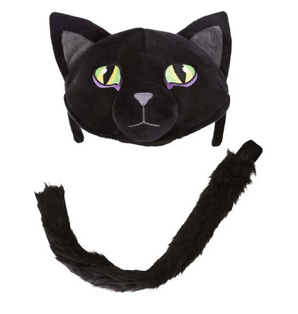 The plush black cat headband and tail are a soft-sculpted hat headband with golden eyes and sweet, alert ears. The long furry tail can connect to an outfit with a belt loop. 