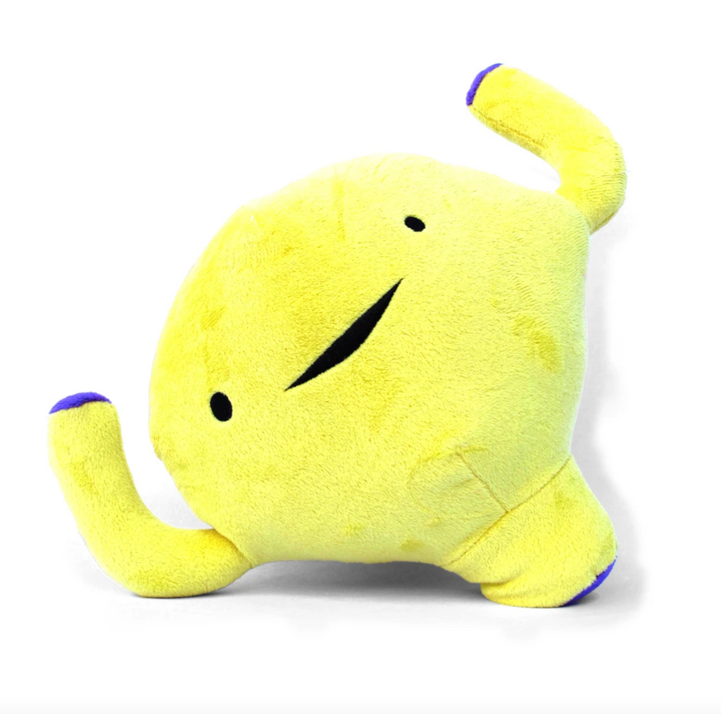Yellow plush anatomical bladder with emroidered black eyes and mouth.
