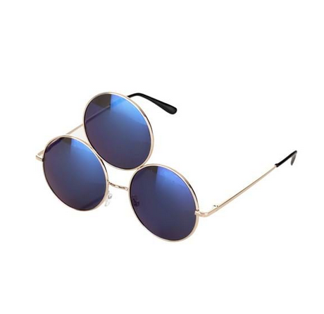 The Blue 3rd Eye Glasses featuring a silver tone wire frame that holds three circular lenses, each with a diameter of 2 inches. They have a smoky blue tint.