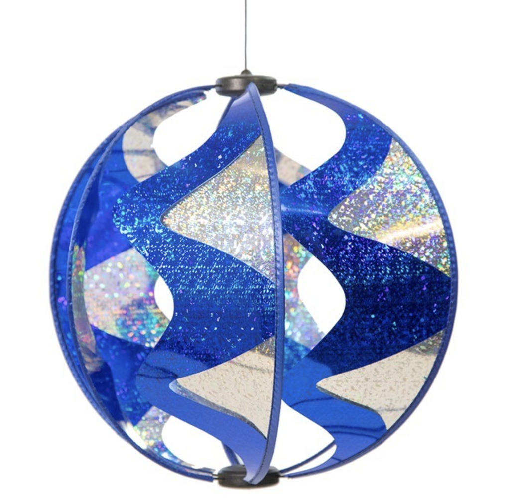 Silver and blue holographic spinning globe for outside.