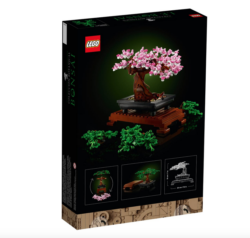 LEGO Bonsai Tree box with pictures of the various builds that can be made with this set. 