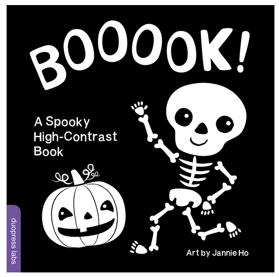 Cover art for Boooook! A Spooky High Contrast book with a black background with a white lettering and a white skeleton and pumpkin. 