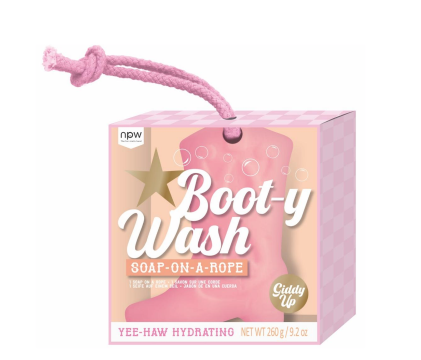 Boot-y Wash Soap on a Rope. Pink soap in the shape of a cowboy boot. 