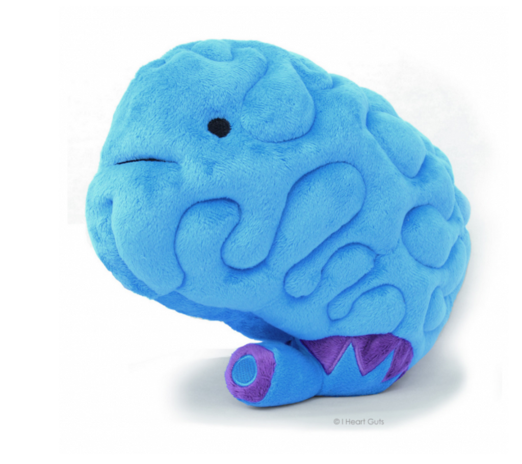 Plush blue brain with a happy embroidered face.