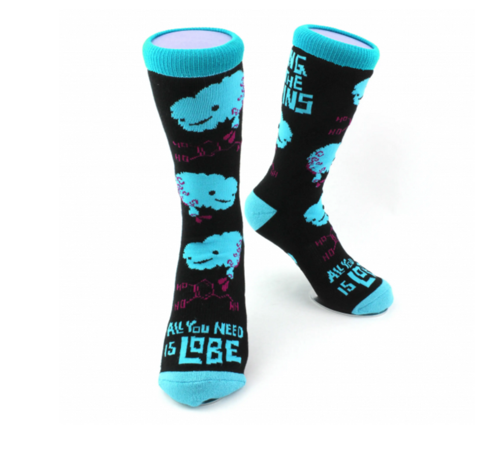Black socks with bright blue brains scattered throughot. Fore foot reads "All you need is Lobe" and the back of the socks read "Bring on the Brains"
