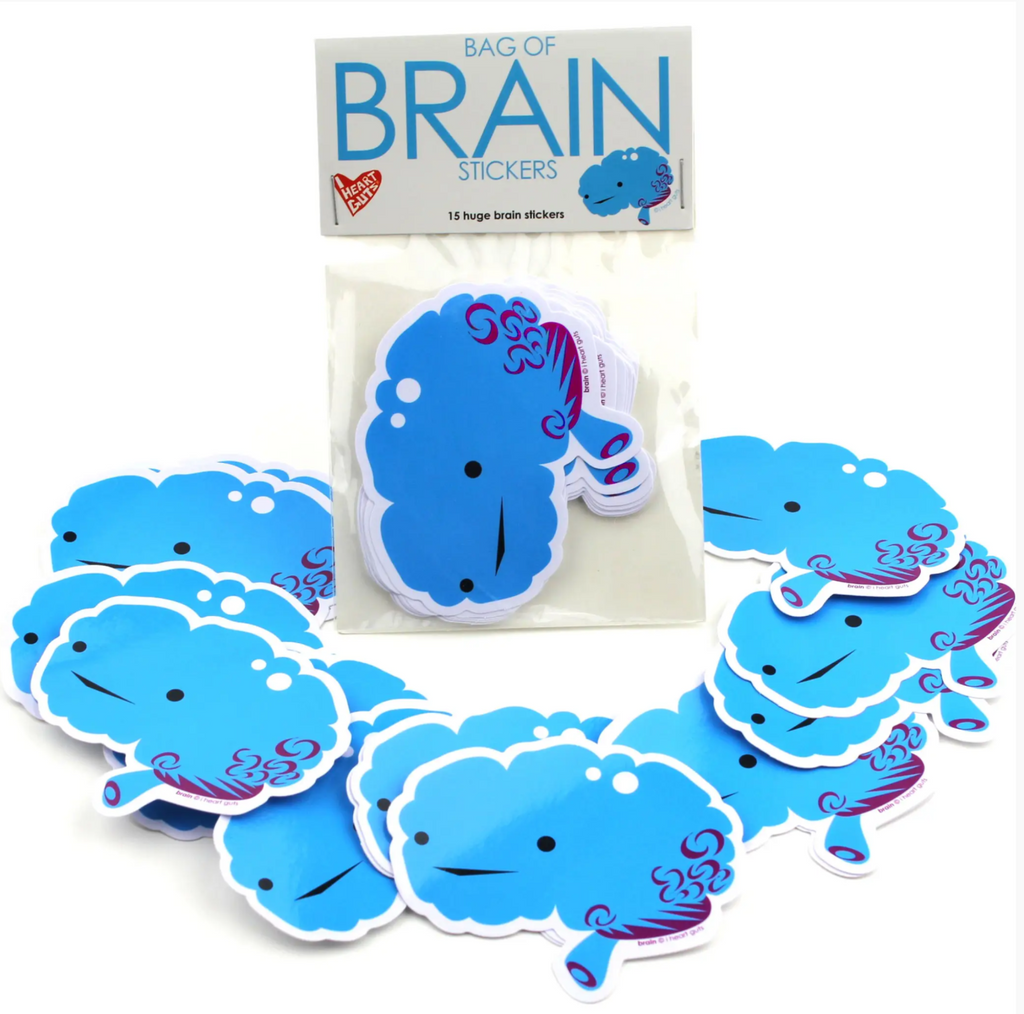 Bag of happy blue brain stickers.