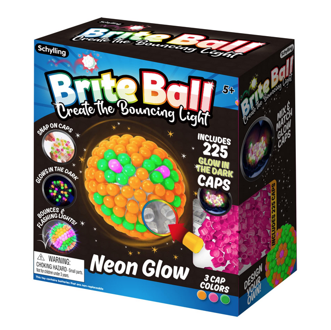 Brite Ball. Create the bouncing light. Neon glow. Includes 225 glow in the dark caps. 3 cap colors. Ages 5 and up.