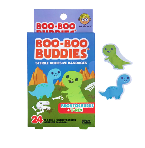 Brontosaurus and T Rex Bandages box. Illustrated with very cute blue and green cartoon dinos. Actual T Rex and Brontosaurus bandages beside the box. 