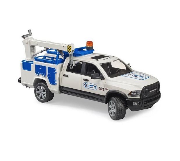 The light gray with blue accents Ram 2500 Service truck has a fully functional assembly crane, spring-loaded front and rear axles with 4 steel strings, and rotating beacon light.