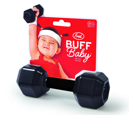 Buff Baby Dumbbell baby rattle on a red hang card. 