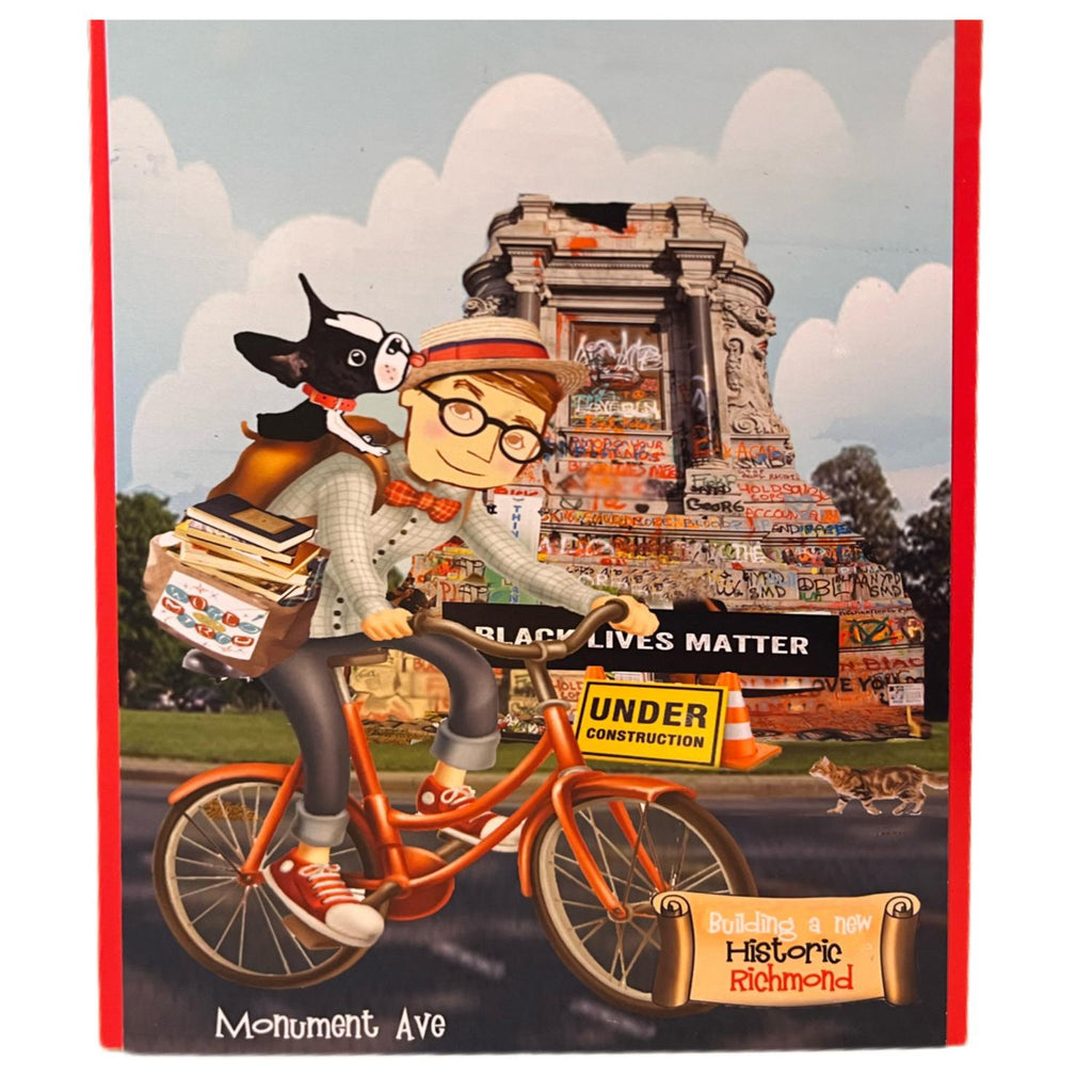 Greeting card with a drawing of Mirabelle and Mr. Muller riding a bike in front of MDP circle in Richmond, VA.