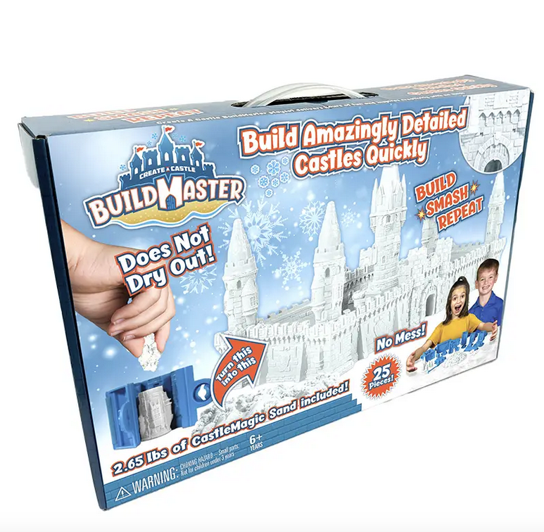 Magic snow castle Build master kit. Build amazingly detailed castles quickly. Build, smash, repeat. 2.65 lbs of castlemagic sand included. No mess! 25 pieces! Ages 6 and up.