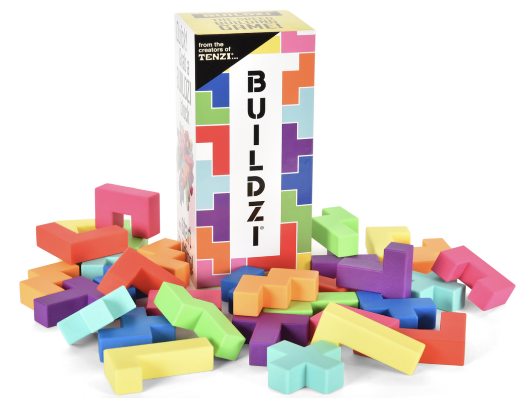 Buildzi is a game where you pick a brightly colored shaped piece and try to create a stable tower. Be the first to build your tower without it falling over to win. Lots of different ways to play.