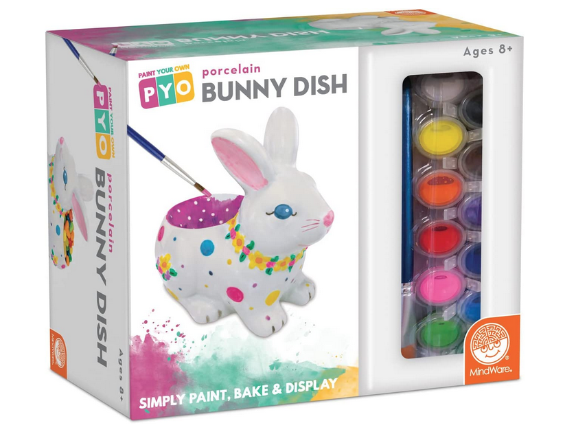 Paint your own porcelain bunny dish. Simply paint, bake, and display. Ages 8 and up.