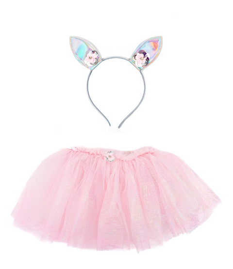 Pink tulle tutu skirt with a bunny ear headband.