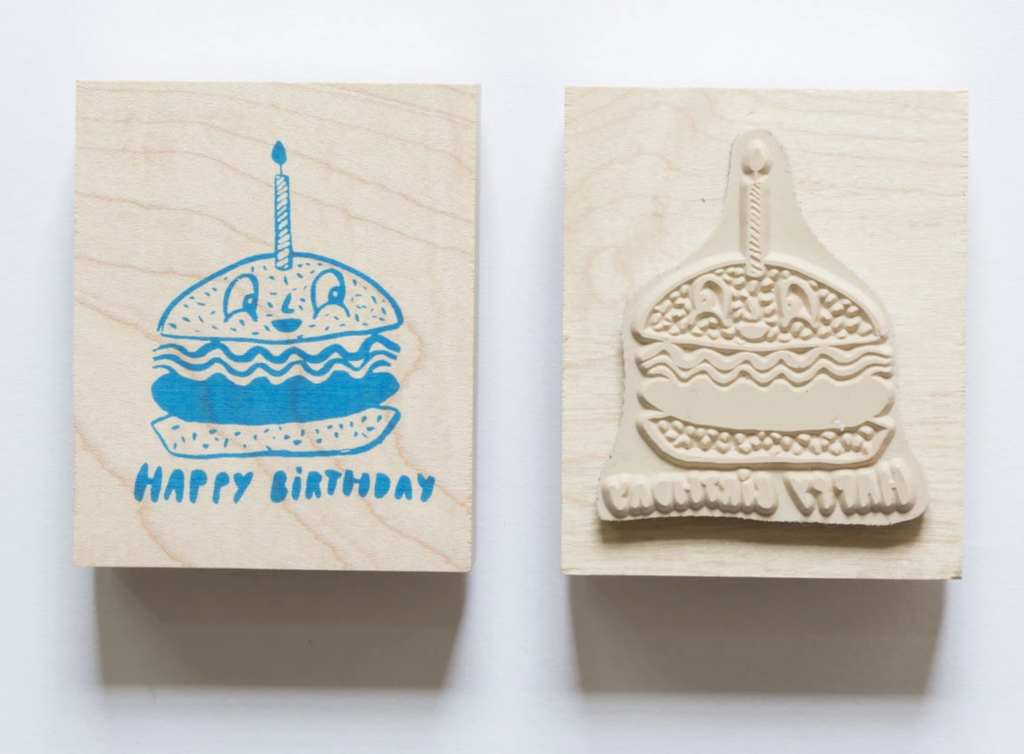Front and back of Birthday Burger wooden rubber stamp.