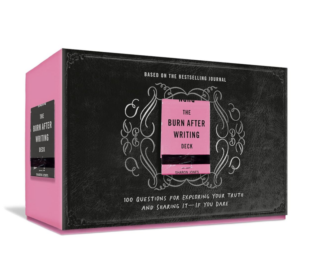 The box that the "Burn After Writing Deck" come in . The cover is black with a pink book of matches that reads "The Burn After Writing Deck" and the sides of the box are pink. 