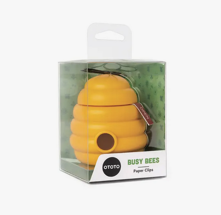 Busy Bees paper clips and holder that looks like a beehive in a clear package. 
