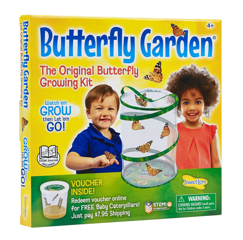 Butterfly Garden box featuring two children next to a butterfly garden popup with monarch butterflies. The original butterfly growing kit. Watch them grow then let them go. Voucher inside to redeem for free baby caterpillars. Ages 4 and up.