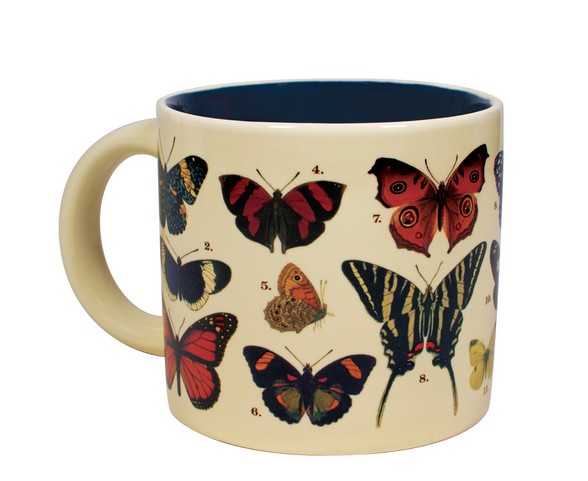 Cream ceramic mug with scientific illustrations of butterflies.