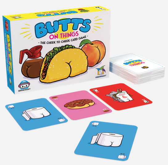 The Cheek-to-cheek card game! Get your rear in gear for this hilarious, fast-playing card game with the cheekiest art around! Play cards to a grid and capture rows or columns when both ends show matching butts! Collect the most cards and you win!