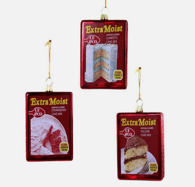Trio of Cake Mix glass ornaments. 
