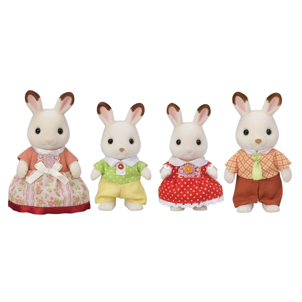 Calico critters Chocolate Rabbit family includes 2 parents and 2 children in fun outfits.