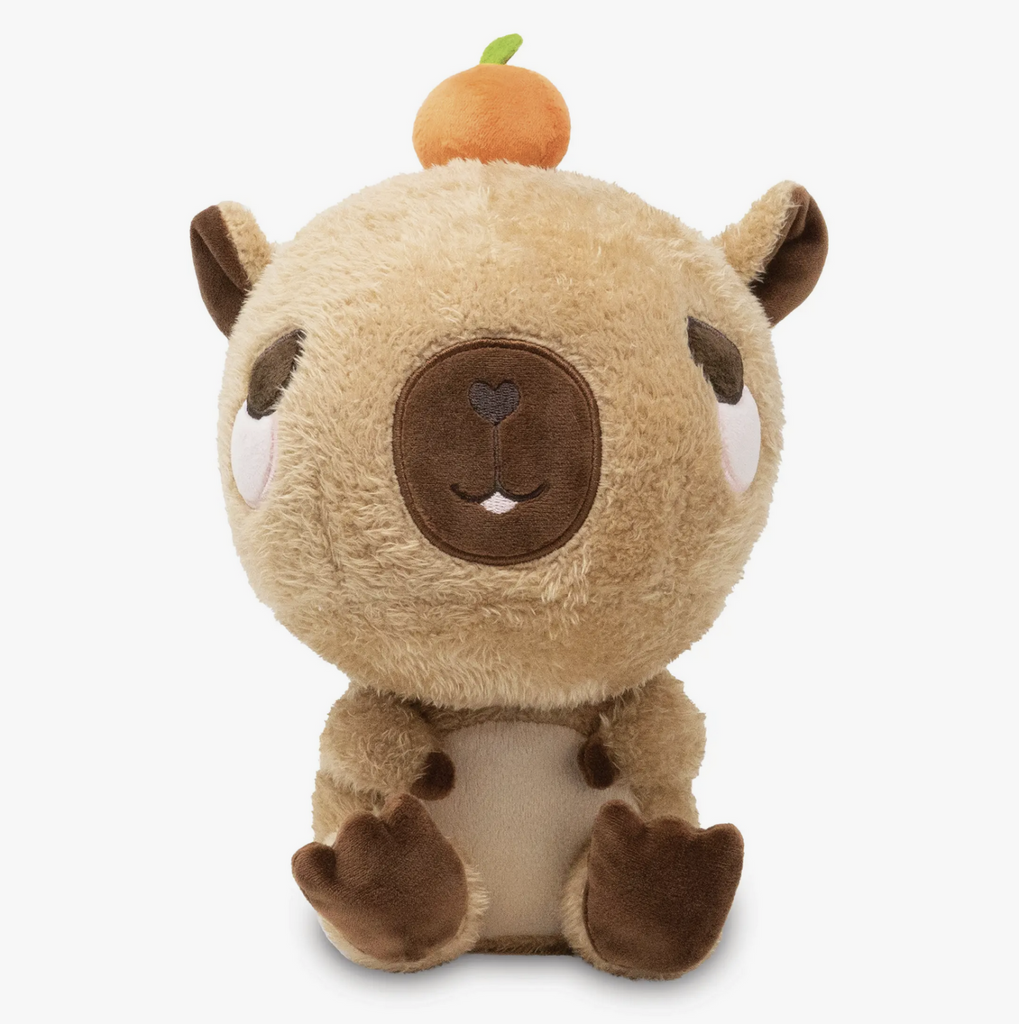 Camden the Calm Capybara plush facing forward in a sitting position with an orange on his head. 