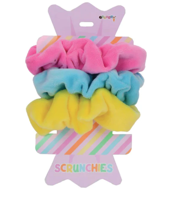 Set of 3 candy colored scrunchies. 100% polyester fleece.