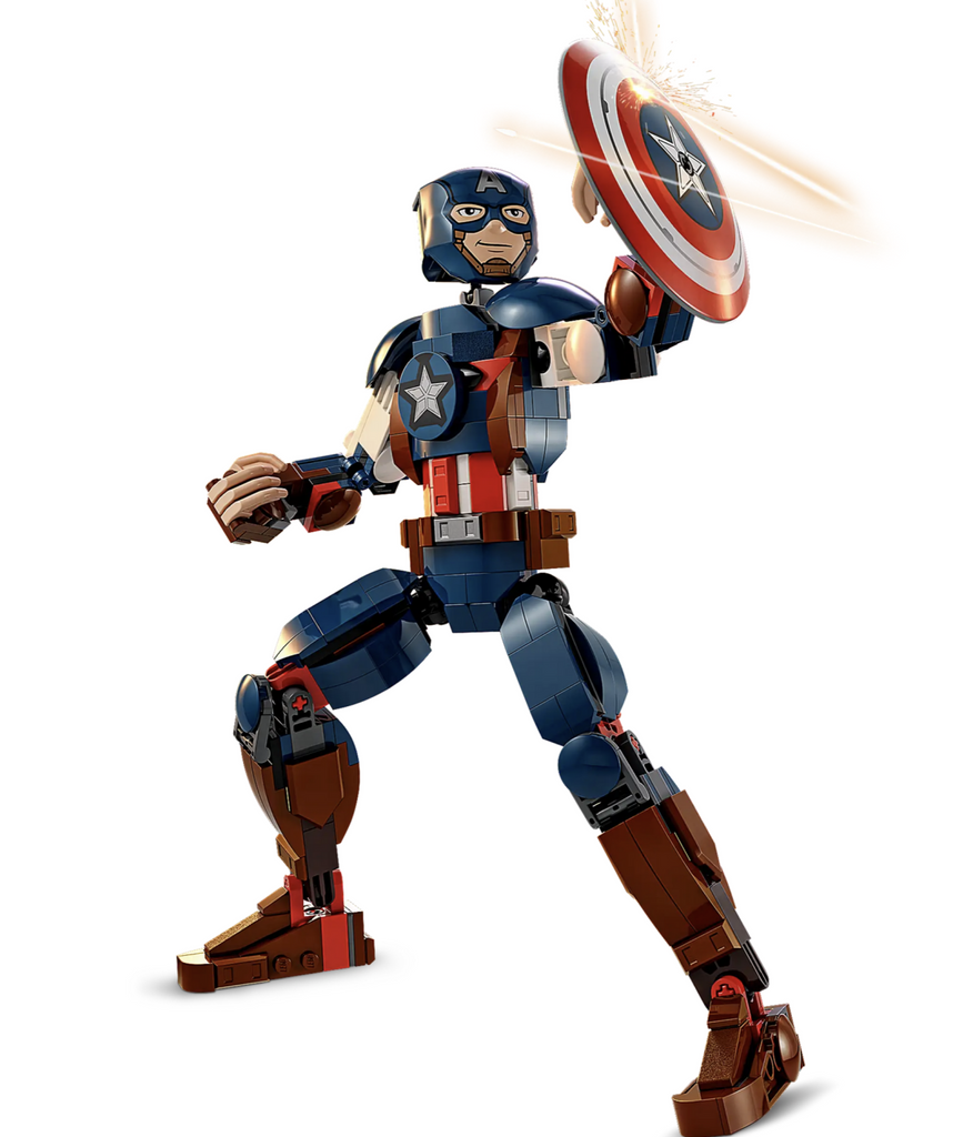 Captain America Lego Marvel figure built and using his shield to deflect a blast.