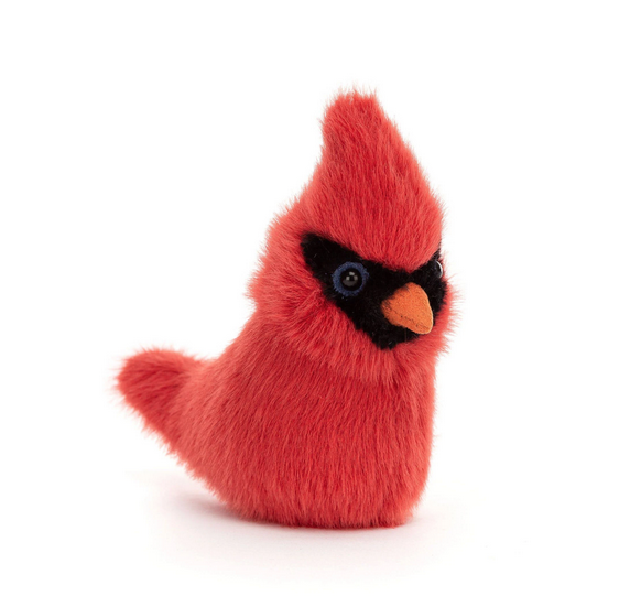 The plush Cardinal Birdling with red feathers and a black mask,it also has bright black eyes and a neat orange beak.