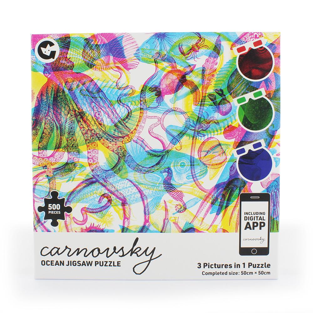Carnovsky ocean jigsaw puzzle. 3 pictures in 1 puzzle. Includes color vison glasses and digital app.